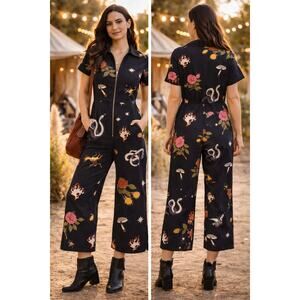 New with tags Lenni The Label Printed Zip Jumpsuit XL Black Cotton Stretch Boho